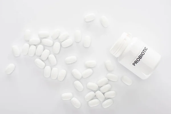 Top View Container Probiotic Lettering Pills White Background — Stock Photo, Image