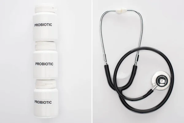 Collage Récipients Avec Lettrage Probiotique Près Stéthoscope Sur Fond Blanc — Photo