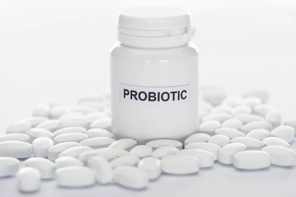 Selective Focus Probiotic Container Pills White Background — Stock Photo, Image