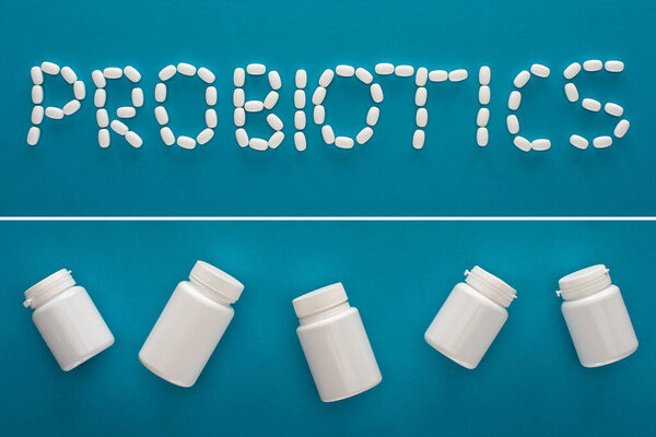 collage of probiotics lettering made of pills and containers on blue background