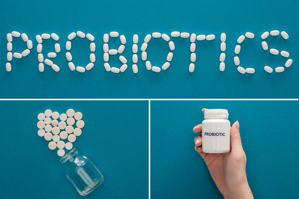 collage of probiotics lettering, heart made of pills and female hand with container on blue background