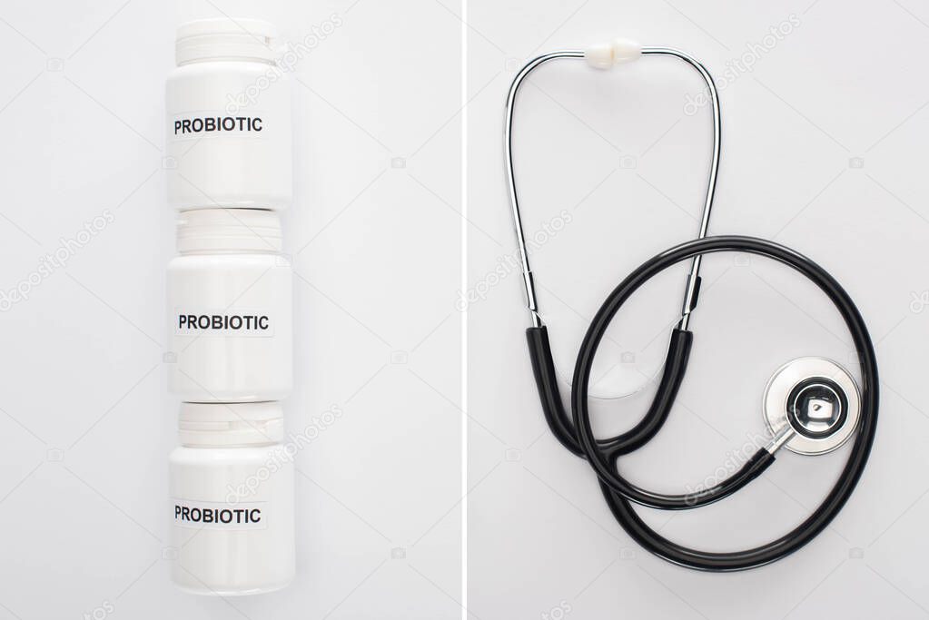 collage of containers with probiotic lettering near stethoscope on white background