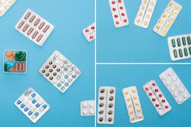Kabarcık paketlerinde renkli hapların kolajı ve mavi arka planda plastik kaplar