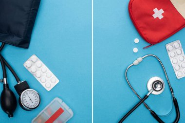 collage of pills in blister packs, sphygmomanometer, first aid kit and stethoscope on blue background clipart