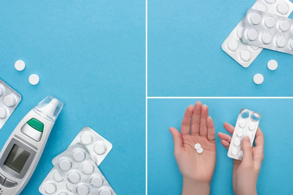 Colagem Pílulas Embalagens Blister Mãos Femininas Termômetro Infravermelho Fundo Azul — Fotografia de Stock