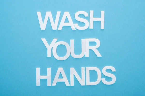 Top View Wash Your Hands Lettering Blue Background — Stock Photo, Image
