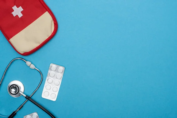 Top View Pills Blister Pack Stethoscope First Aid Kit Blue — Stock Photo, Image