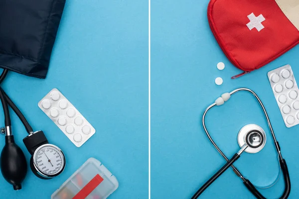Collage Pills Blister Packs Sphygmomanometer First Aid Kit Stethoscope Blue — Stock Photo, Image