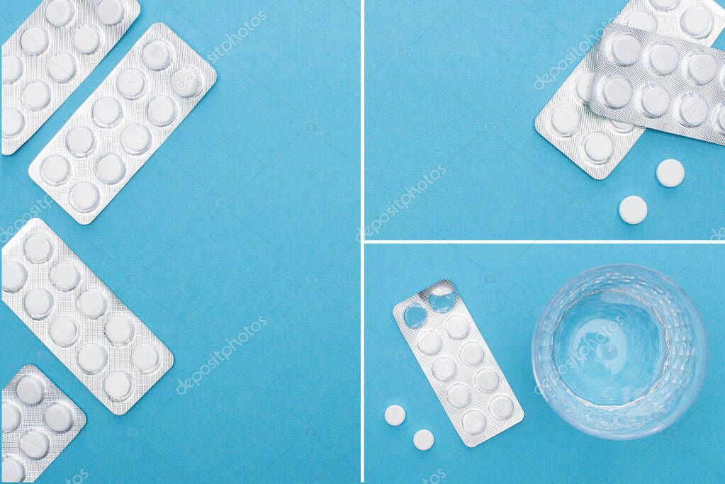 collage of pills in blister packs and glass of water on blue background
