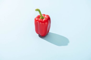 Mavi yüzeyde gölgeli taze kırmızı dolma biber.