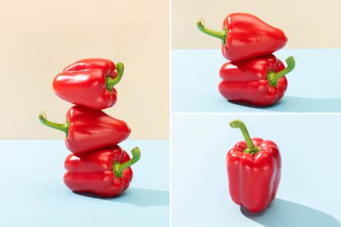 Mavi yüzeydeki taze kırmızı dolma biber kolajı bej üzerine izole edilmiş.
