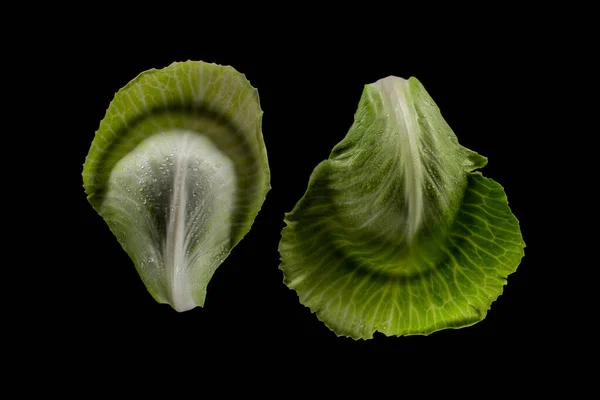 Vue Dessus Des Feuilles Chou Vert Humide Isolées Sur Noir — Photo