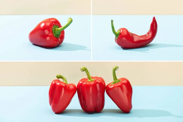Collage Fresh Red Bell Peppers Chili Blue Surface Isolated Beige — Stock Photo, Image