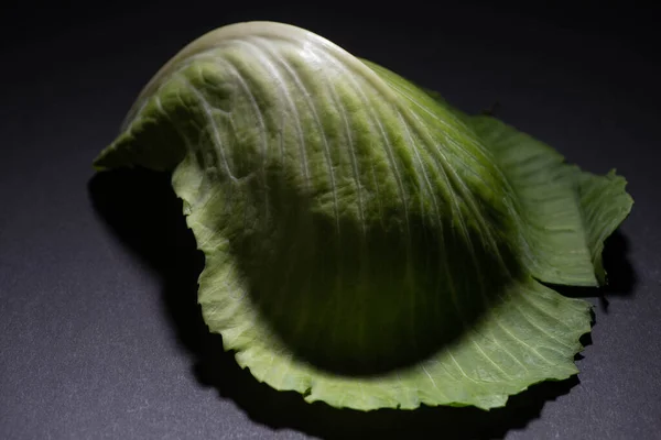 Green Fresh Cabbage Leaf Black Background — Stock Photo, Image