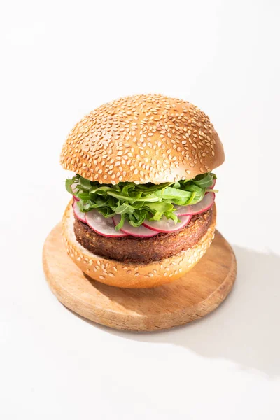 Delicious Vegan Burger Radish Arugula Wooden Board White Background — Stock Photo, Image