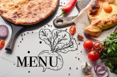 Imereti ve sebzeli Adjarian Khachapuri ve mermer dokuda kişniş, menü çizimi