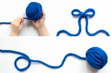 collage of blue wool yarn and female hands on white background clipart