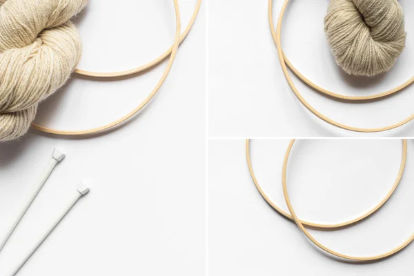 Collage Beige Yarn Knitting Needles Looms White Background — Stock Photo, Image