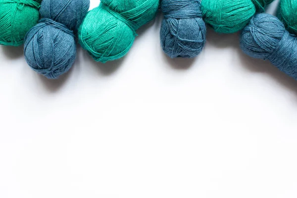 Top View Blue Green Wool Yarn White Background Copy Space — Stock Photo, Image