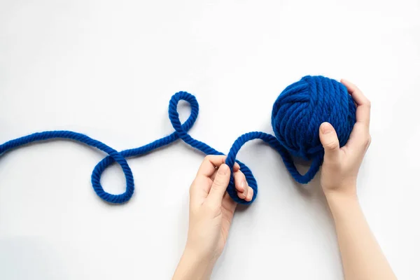 Cropped View Woman Holding Blue Wool Yarn Knitting Needles White — Stock Photo, Image