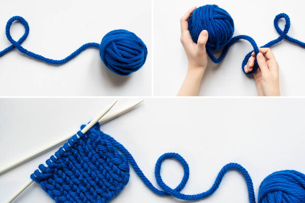 collage of female hands, blue wool yarn and knitting needles on white background