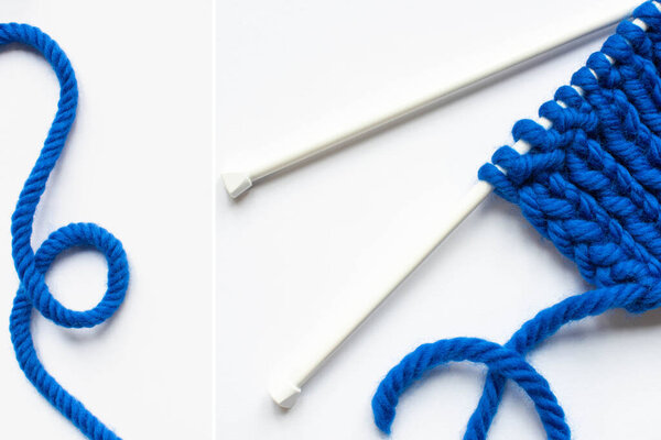 collage of blue wool yarn and knitting needles on white background