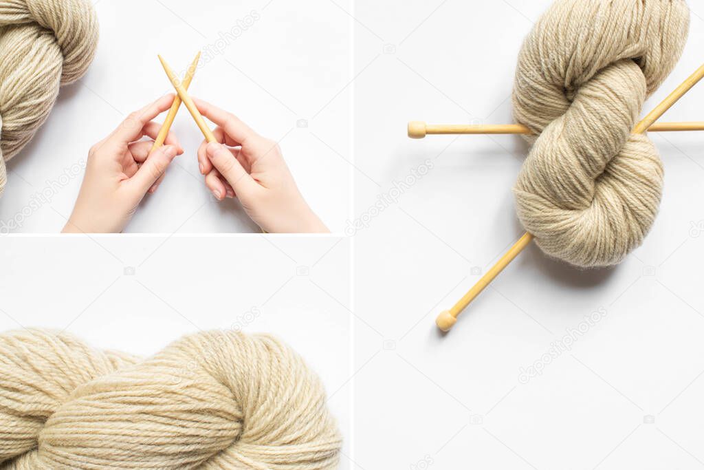 collage of female hands, beige yarn and knitting needles on white background
