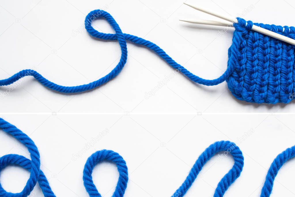 collage of blue wool yarn and knitting needles on white background