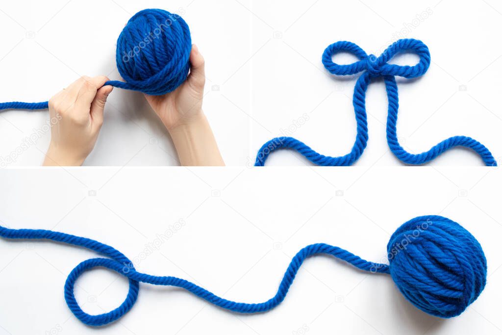 collage of blue wool yarn and female hands on white background