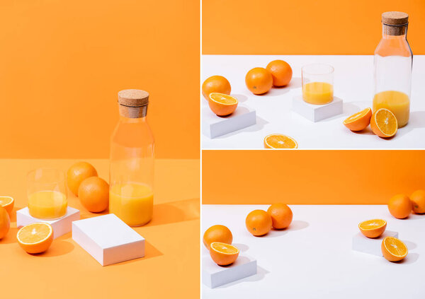 collage of fresh orange juice in glass and bottle near ripe oranges isolated on orange
