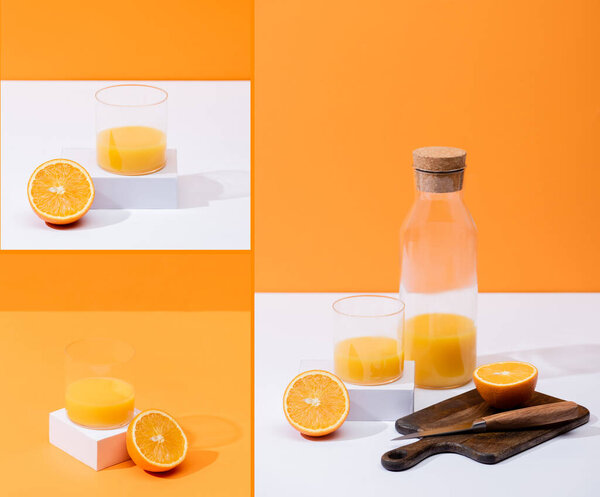 collage of fresh orange juice in glass and bottle near cut fruit on wooden cutting board with knife on white surface isolated on orange