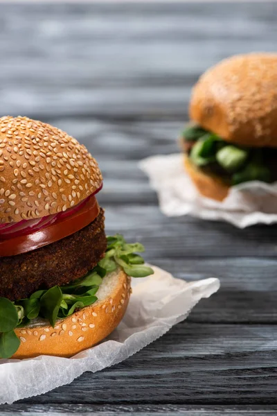 Selective Focus Tasty Vegan Burgers Microgreens Radish Served Wooden Table — Stock Photo, Image