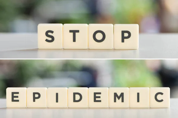 Collage Aus Weißen Würfeln Mit Stop Epidemie Schriftzug Auf Weißer — Stockfoto