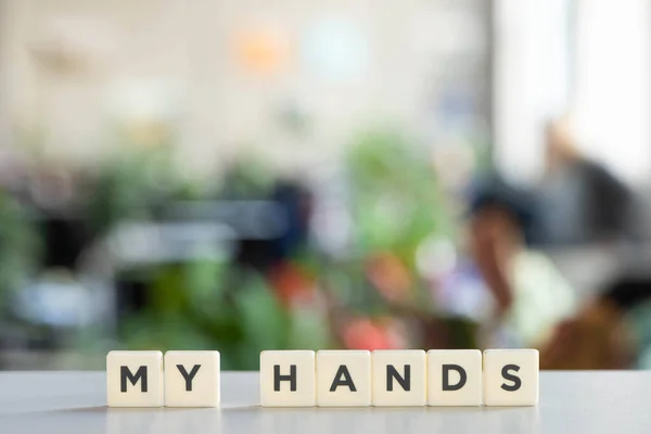 Cubos Brancos Com Minhas Mãos Lettering Superfície Branca — Fotografia de Stock
