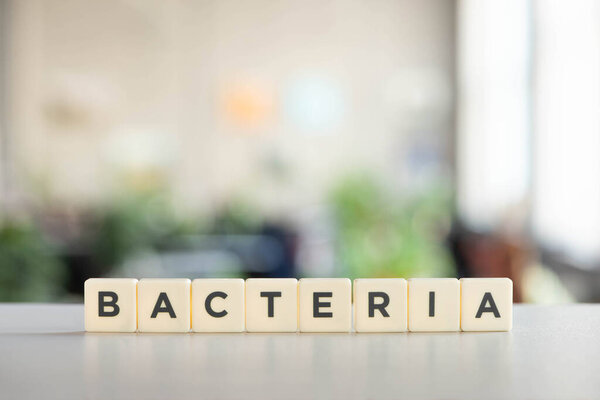white cubes with bacteria word on white surface, covid-19 concept