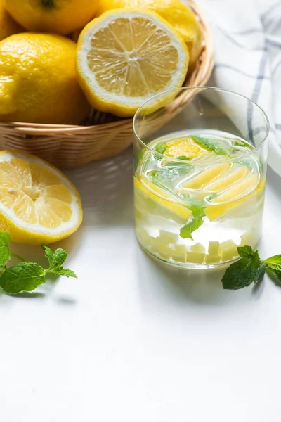Close View Fresh Ginger Lemonade Glass Basket Lemons Mint White — Stok Foto