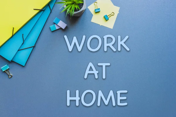 Draufsicht Auf Pflanzen Bürobedarf Und Arbeit Hause Schriftzug Auf Blauer — Stockfoto
