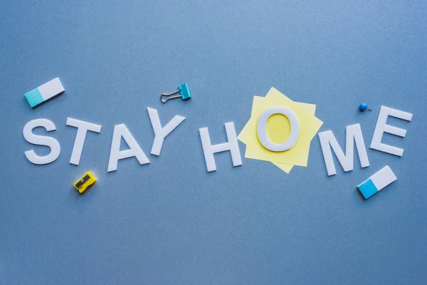 Top View Stay Home Lettering Stationery Blue Surface — Stock Photo, Image