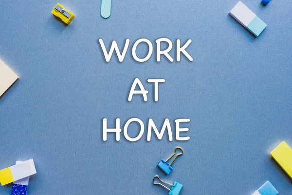 Top View Lettering Work Home Office Supplies Blue Surface — Stock Photo, Image