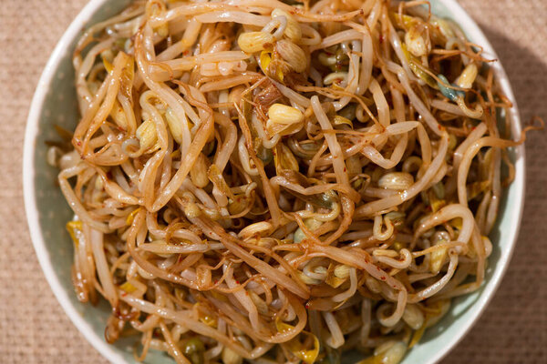 top view of spicy mung beans in bowl