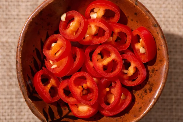 Top View Red Spicy Chili Peppers Bowl — Stock Photo, Image