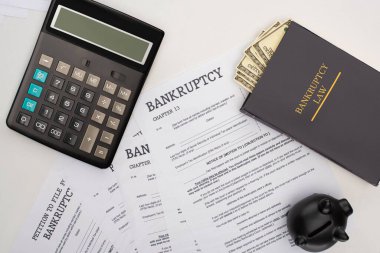 top view of bankruptcy papers, law book with money, calculator and piggy bank on white background clipart