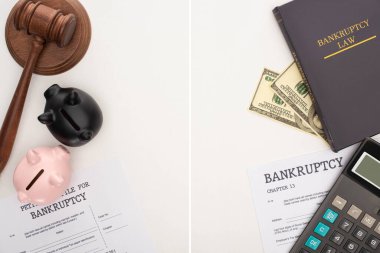 top view of bankruptcy papers and law book, gavel, piggy banks, money and calculator on white background, collage clipart