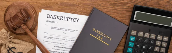 Top View Calculator Bankruptcy Law Book Documents Money Bag Gavel — Stock Photo, Image