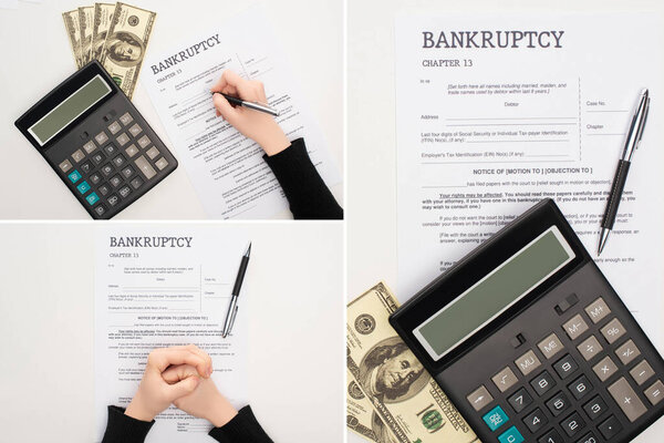cropped view of woman filling in bankruptcy form with pen near money and calculator on white background, collage