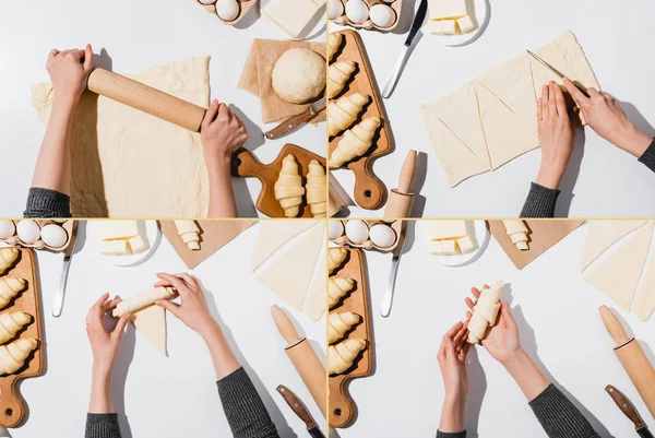 Koláž Ženy Dělat Čerstvé Croissanty Bílém Pozadí — Stock fotografie