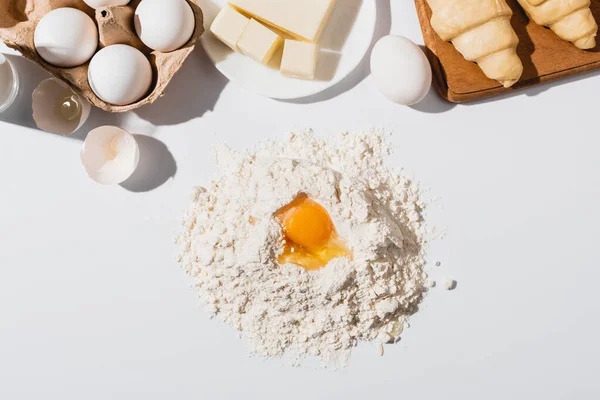 Top View Fresh Croissants Wooden Cutting Board Butter Egg Flour — Stock Photo, Image