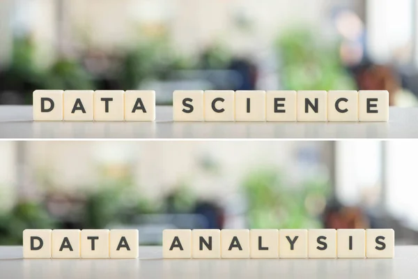 Collage Aus Weißen Würfeln Mit Beschriftung Der Datenwissenschaft Und Datenanalyse — Stockfoto