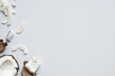 Çatlak hindistan cevizi ve beyaz arka plandaki parçaların üst görüntüsü.