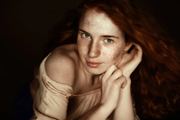 Tender freckled redhead woman — Stock Photo